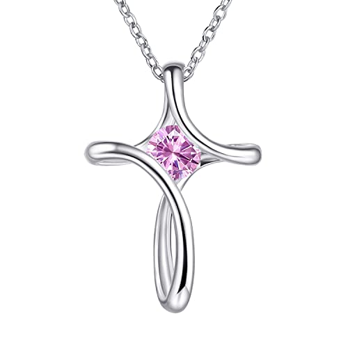 Cross Necklace for Women 925 Sterling Silver Birthstone Necklace for Women - color: 10-Oct-Tourmaline