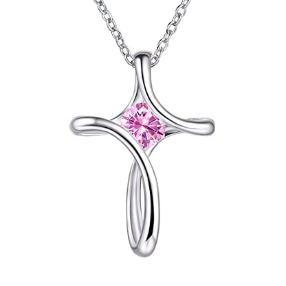 Cross Necklace for Women 925 Sterling Silver Birthstone Necklace for Women - color: 10-Oct-Tourmaline