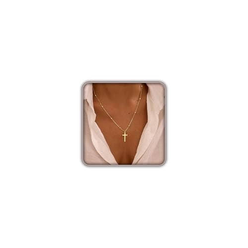 Cross Necklace for Women, Dainty 14K Gold Plated Cross Pendant Simple Long Necklaces for Women, Christian Faith Necklace Trendy Gold Jewelry Gifts for Easter - color: gold bead cross necklace