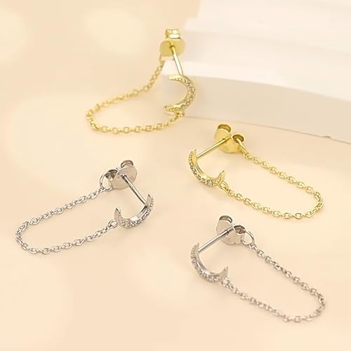 925 Sterling Silver CZ Moon Cross Heart Teardrop Chain Earrings for Women - color: Moon--Silver