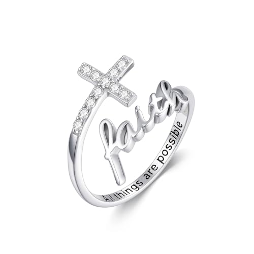 Cross Rings Faith Ring 925 Sterling Silver Adjustable Cross Wrap Ring Christian Fashion Band for Women - color: B-White Gold