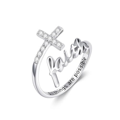 Cross Rings Faith Ring 925 Sterling Silver Adjustable Cross Wrap Ring Christian Fashion Band for Women - color: B-White Gold