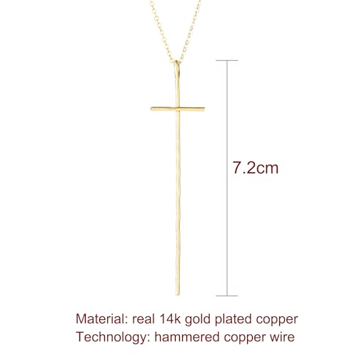 14K Gold Plated Long Hammered Cross Necklace for Women Religious Faith Jewelry Christian Gift - color: Yellow Gold Plated, size: 50cm