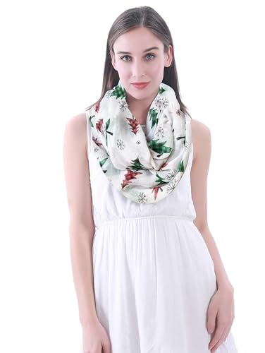 Lina & Lily Holiday Christmas Pattern Print Women's Infinity Scarf Lightweight - color: White Green Red, Xmas Tree