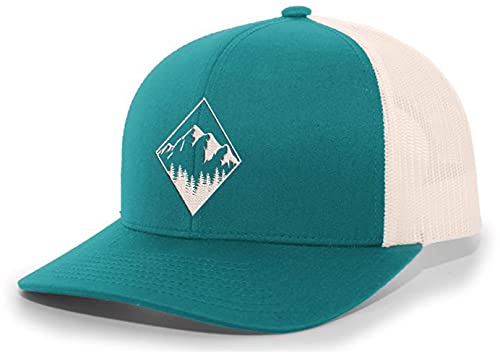 Trenz Shirt Company Men's Retro Geometric Diamond Mountain Outdoors Woodland Embroidered Mesh Back Trucker Hat - color: Teal/Beige