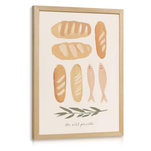 Dynazo Wood Framed Christian Kitchen Wall Art, Biblical Bread and Fish Wall Decor, He Will Provide Scripture Poster Print, Inspirational Religious Faith Artwork for Dining Room Church 12x16 Inch - color: Fish, size: 16"L x 12"W