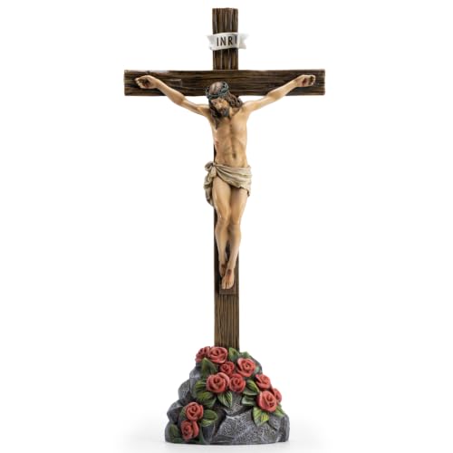 BC Catholic Crucifix Standing Cross with Rose Stone Base 12"H - size: 12 inches H