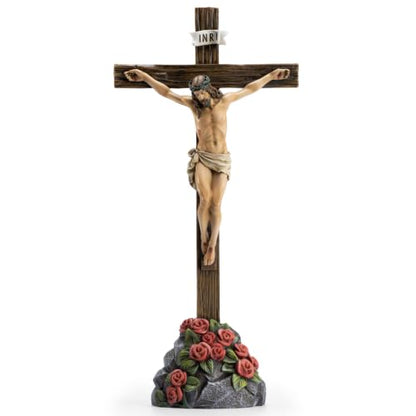 BC Catholic Crucifix Standing Cross with Rose Stone Base 12"H - size: 12 inches H