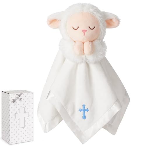 Lamb Baptism Blanket, Lamb Loveys Baptism Gifts for Baby Boys - color: White Lamb Blue Cross