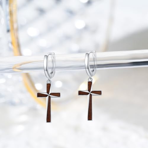 Cross Earrings for Women Men 925 Sterling Silver, Cross Hoop Drop Earrings, Christian Jewelry Gift for Women Men - style: Wooden Cross Earrings