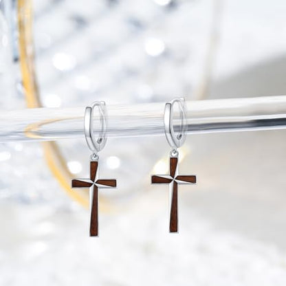 Cross Earrings for Women Men 925 Sterling Silver, Cross Hoop Drop Earrings, Christian Jewelry Gift for Women Men - style: Wooden Cross Earrings