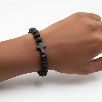 FORUBUS Lava Rock Stone Beaded Bracelet, Cross Charm Natural Volcanic Stone beads Turquoise Stretch Bracelet for Women Men Religion Jewelry Pray Baptism Gift - color: 1pcs black lava