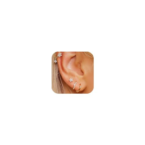 3 Pairs Gold Silver Earrings Stack Cross Paperclip Moon Chain Hoops - color: Gold-4 Pairs flower dangle earring set