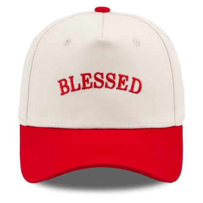 Embroidered Christian Two-Tone Baseball Cap for Men & Women, Adjustable Dad Hat Christmas Easter Gift - color: Blessed, Red/Beige