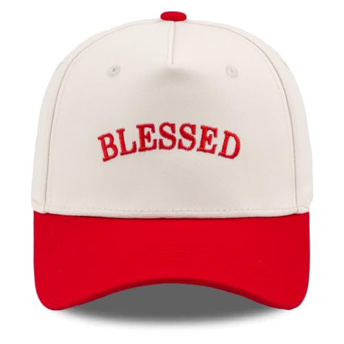 Embroidered Christian Two-Tone Baseball Cap for Men & Women, Adjustable Dad Hat Christmas Easter Gift - color: Blessed, Red/Beige