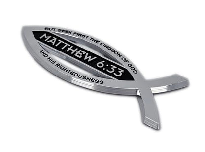 Elektroplate Christian Fish Matthew 6:33 with Verse OEM Chrome Emblem for Cars, Trucks, and All Auto | Universal Fit at 4" x 1.4" | Weatherproof - color: Matthew 6:33