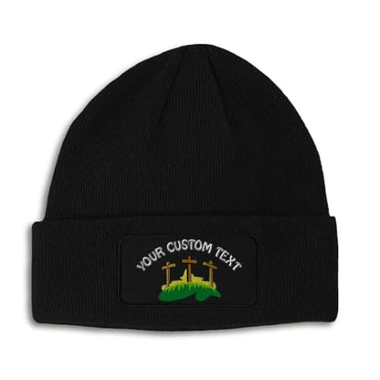 Custom Patch Beanie Three Crosses God Jesus Christian Skull Cap Hats for Men & Women Acrylic One Size - color: Black Personalized Text Here