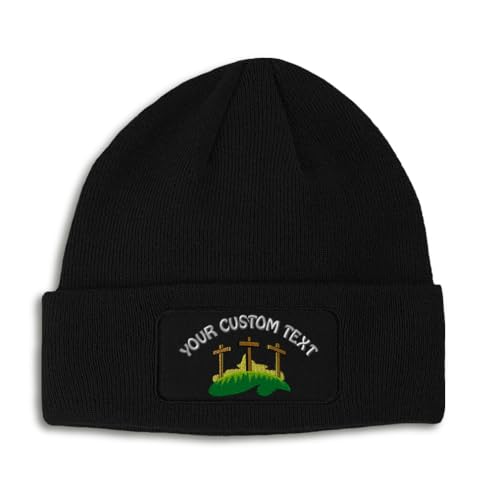 Custom Patch Beanie Three Crosses God Jesus Christian Skull Cap Hats for Men & Women Acrylic One Size - color: Black Personalized Text Here
