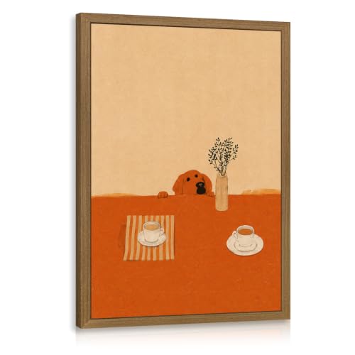 OPFDE Wood Framed Dog Coffee Wall Art, Funny Dog Coffee Bar Poster Print, Minimalist Pet Kitchen Wall Decor, Cozy Animal Illustration Artwork for Dining Room Breakfast Nook Office 12x16 Inch - color: CoffeeDog, size: 16"L x 12"W