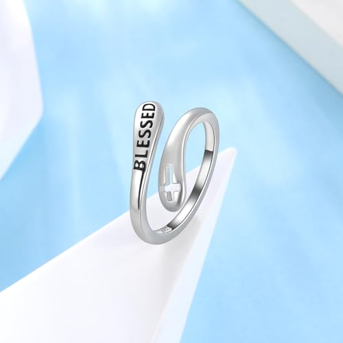 Jewmon 925 Sterling Silver Faith Cross Ring Adjustable I am Enough Inspirational Ring Engraved Bleassed Ring Encouragement Statement Ring for Women Chritian Jewelry Communion Baptism Chritian Gifts - color: A, Blessed Ring Silver