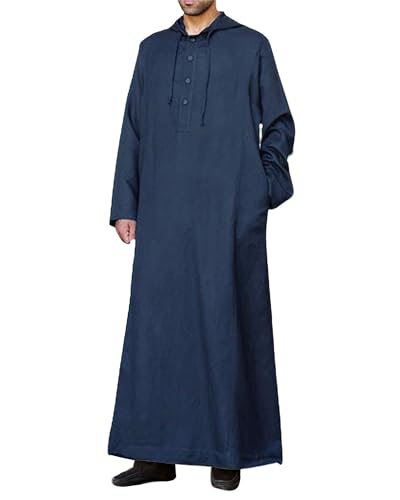 YAOHUOLE Long Sleeve Kaftan Thobe Button down Men Thobe with Pocket Big and Tall Kaftan Muslim Men Thobe - color: 02 Dark Blue, size: Medium