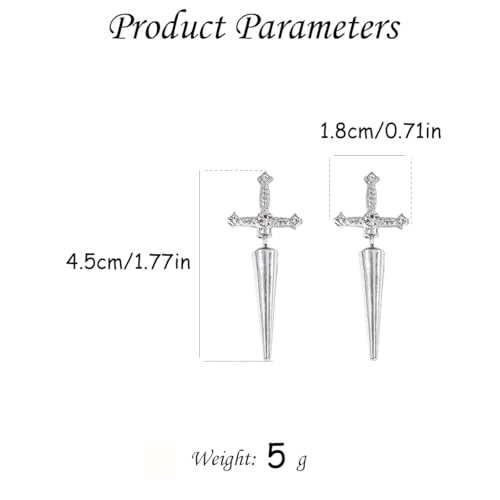 Gothic CZ Cross Sword Stud Earrings for Women Unisex - color: Silver
