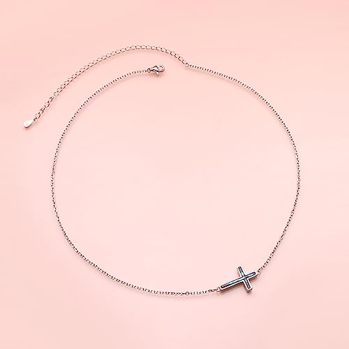 DAOCHONG S925 Sterling Silver Sideways Cross Choker Necklace 14+4 Inch - color: Silver-Abalone Shell