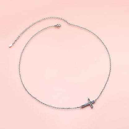 DAOCHONG S925 Sterling Silver Sideways Cross Choker Necklace 14+4 Inch - color: Silver-Abalone Shell