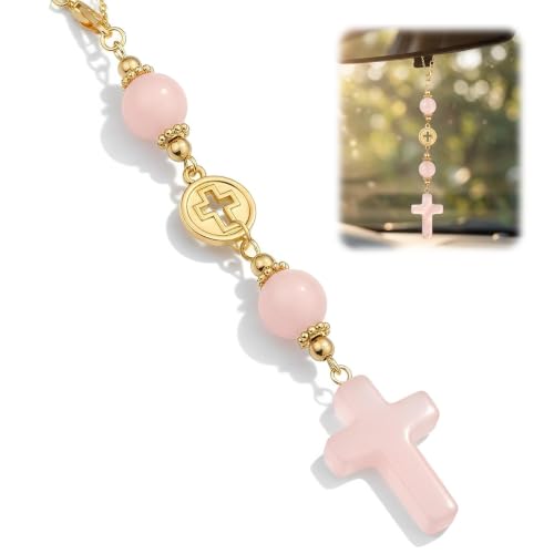 Pink Crystal Cross Car Hanging Charm, Boho Blessing Rear View Mirror Ornament, Healing Stone Car Decor Accessories for Women - color: Pink