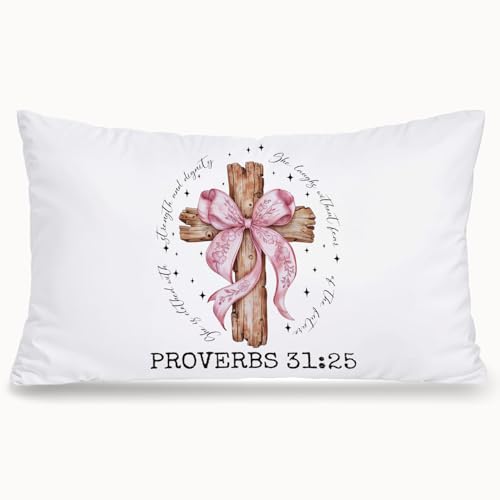 Coquette Pink Bow Christian 12x20 Pillow Cover, Christian Room Decor, Proverbs 31:25 Bible Verse Decorative Throw Pillow Covers Pillowcases for Girls Room Dorm Apartment Church Decor - color: Bible - Pink (White03)