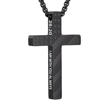 Cross Necklace for Men Black Gold Silver American Flag Pendant Chain Bible Verse Stainless Steel Necklaces Mens Stocking Stuffers for Christmas Christian Gifts - color: black, style: 28:20-