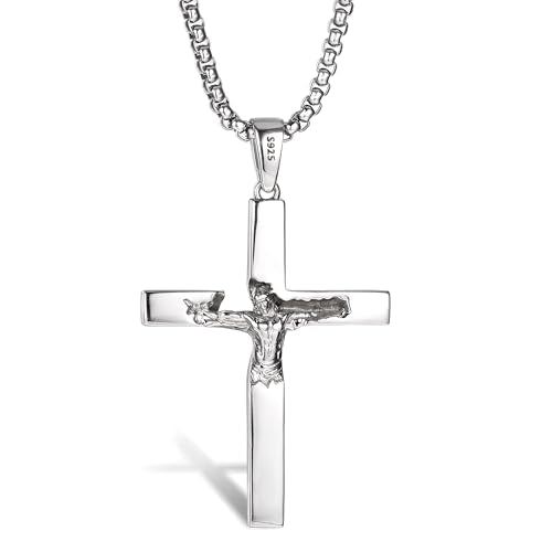 925 Sterling Silver Crucifix Necklace for Men, 18-26 Inch - color: Polished Sterling Silver Crucifix Pendant with Stainless Steel Chain, size: 18 in (46cm) Chain