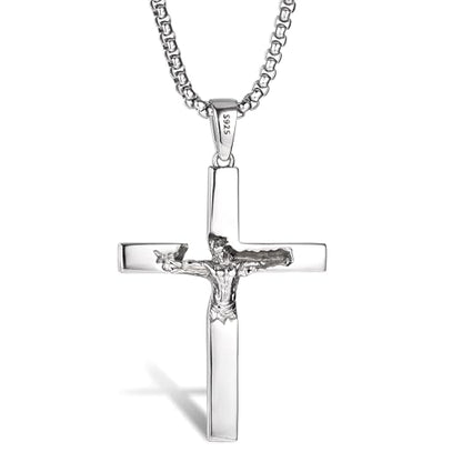 925 Sterling Silver Crucifix Necklace for Men, 18-26 Inch - color: Polished Sterling Silver Crucifix Pendant with Stainless Steel Chain, size: 18 in (46cm) Chain