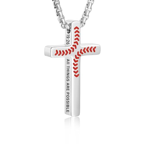 Baseball Bible Verse Cross Necklace for Boys Men, Stainless Steel Cross Pendant Baseball Game Day Christian Religious Jewelry Gifts for Teen Boys Kids - color: Silver, style: PHILIPPIANS 19:26
