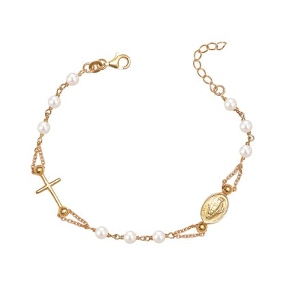LeCalla 925 Sterling Silver Mother Mary Collection | Lightweight Religious Bracelet Jewelry Rosary Mother Mary Cross Bracelet's for Women - color: Pearl Rosary Cross