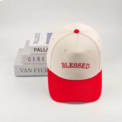 Embroidered Christian Two-Tone Baseball Cap for Men & Women, Adjustable Dad Hat Christmas Easter Gift - color: Blessed, Red/Beige