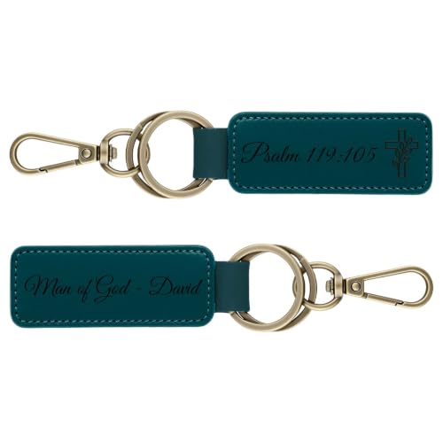 Custom Leather Christian Keychain, Personalized Engraved Bible Verse - color: Blue