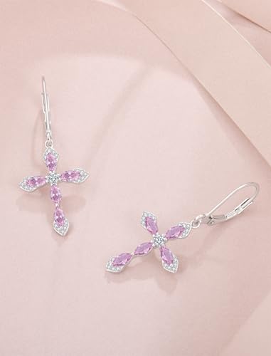 Birthstone Cross Earrings for Women 925 Sterling Silver - color: 10 October - Pink Tourmaline