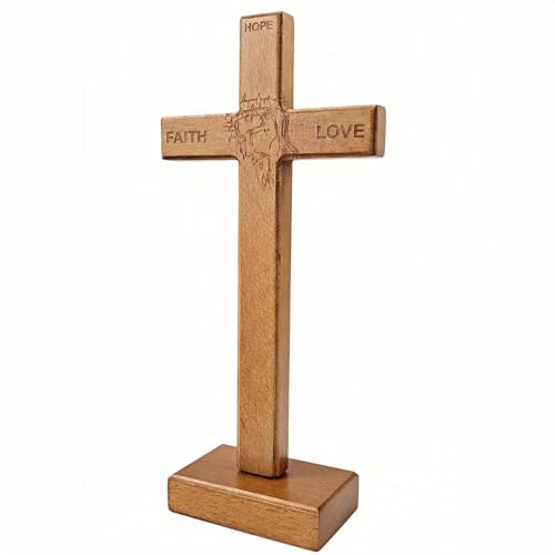 PHYUKEY Wooden Wall Cross 10.75in Large Decorative Standing Cross Laser Engraved Jesus Crown of Thorns, Detachable Base & Keyhole Hanger - Christian Gift & Catholic Home Decor for Home, Office, Altar - color: Oak, size: 10.8"L x 5"W