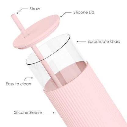 SANDJEST Glass Water Bottle with Silicone Sleeve 20oz, Glass Tumbler with Straw and Lid, Smoothie and Iced Coffee Cup, Gifts for Women Teen Girls Birthday Christmas (Dusty Pink) - color: Dusty Pink