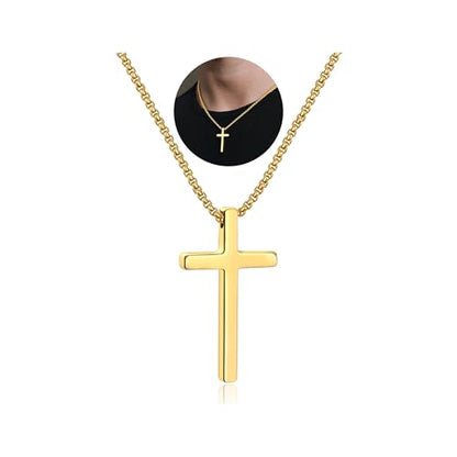 IEFSHINY Gifts for Men Boys - Stainless Steel Cross Pendant Chain Necklaces for Men, Mens 16-30 Inches Chain Gold Silver Black Cross Necklace Boys Jewelry Gifts - size: 16, style: Gold-cross pedant 0.7"*1.18"