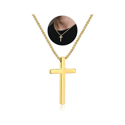 IEFSHINY Gifts for Men Boys - Stainless Steel Cross Pendant Chain Necklaces for Men, Mens 16-30 Inches Chain Gold Silver Black Cross Necklace Boys Jewelry Gifts - size: 30, style: Gold-cross pedant 0.7"*1.18"