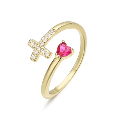 14K Gold Plated CZ Cross Heart Ring Eternity Promise Jewelry for Her - style: Rose Red Stone