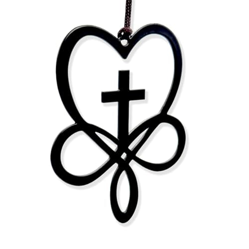 Christian Heart Cross Hanging Ornament – Matte Black Iron Love and Faith Symbol – Decorative Religious Wall or Auto Accessory – Infinity Loop Cross Charm – Catholic Gift with Hanging Cord - color: Heartcross