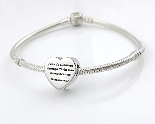 Heart Charm Fit Pandora Charms Bracelet Christian Bible Verse Charm Prayer Faith Religious Charms Gifts for Women - style: I can do all things through Christ who strengthens me Philippians 4:13