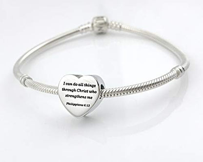 Heart Charm Fit Pandora Charms Bracelet Christian Bible Verse Charm Prayer Faith Religious Charms Gifts for Women - style: I can do all things through Christ who strengthens me Philippians 4:13