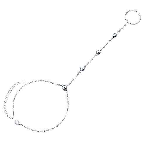 S925 Sterling Silver Finger Ring Bracelet Hand Adjustable Chain for Women - style: Beads