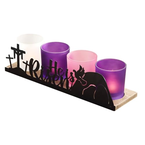 He is Risen Easter Decor, 4 Glass Votive Tealight Candle Holders & 1 Wooden Tray, Easter Religious Decor for Church Event Pray Table Centerpiece, Christian Gift