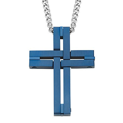 Men's Cross Pendant Necklace in 316L Stainless Steel Interlocking Woven Cross on 24” Curb Chain, Choice of Color - color: Blue Stainless Steel