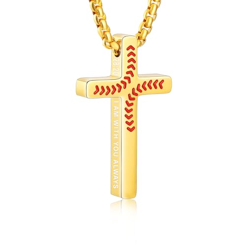 Baseball Bible Verse Cross Necklace for Boys Men, Stainless Steel Cross Pendant Baseball Game Day Christian Religious Jewelry Gifts for Teen Boys Kids - color: Gold, style: MATTHEW 28:20